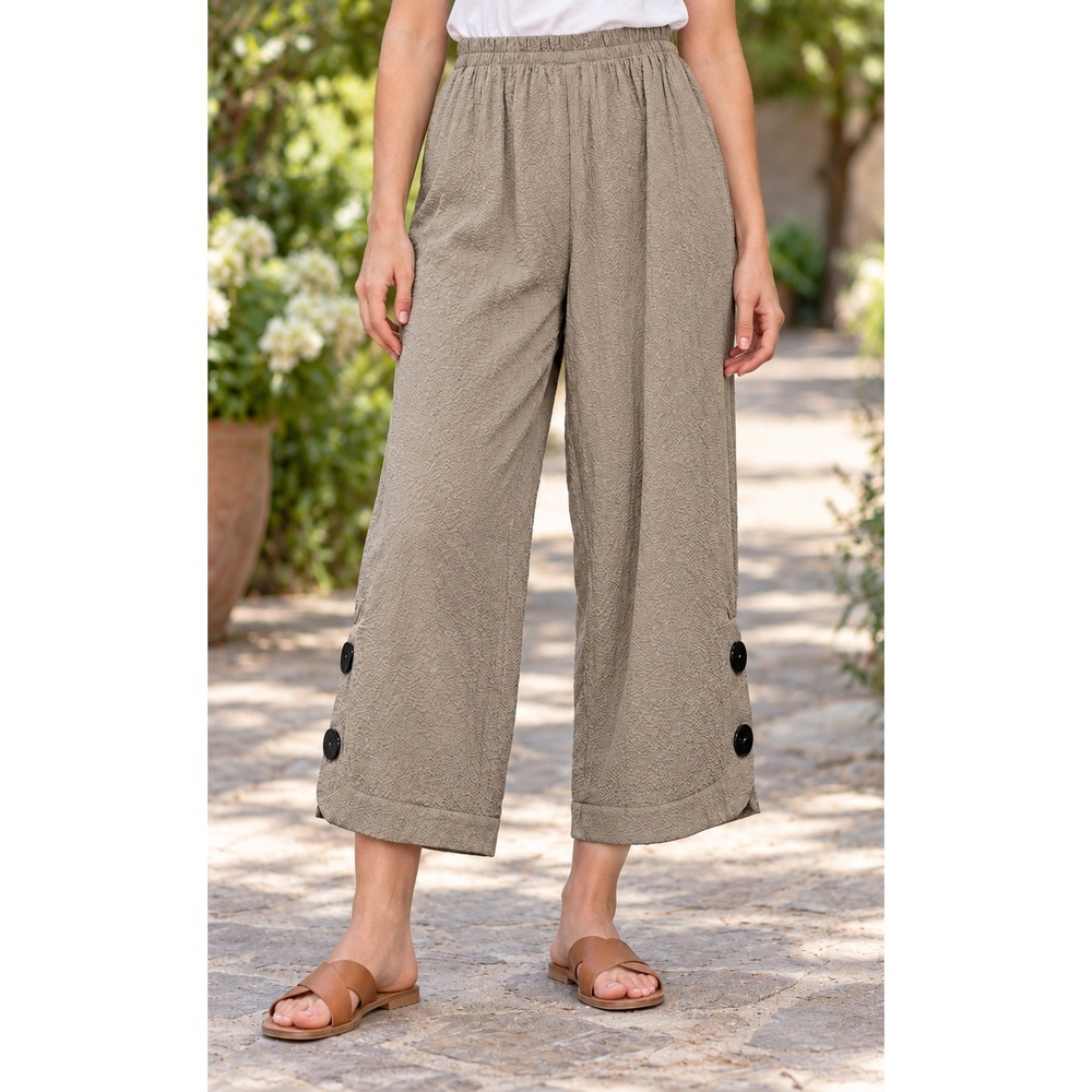 Paco Soler Womens Taupe Crinkle Knit Wide Leg Button Hem Crop Pants Large USA